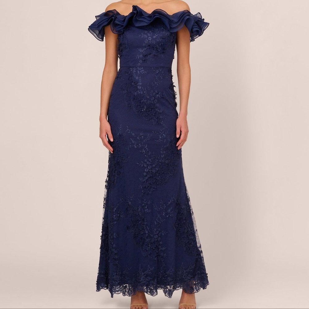 NWT Adrianna Papell Navy Blue Floral Ruffle Off The Shoulder Gown 4 - Picture 2 of 7